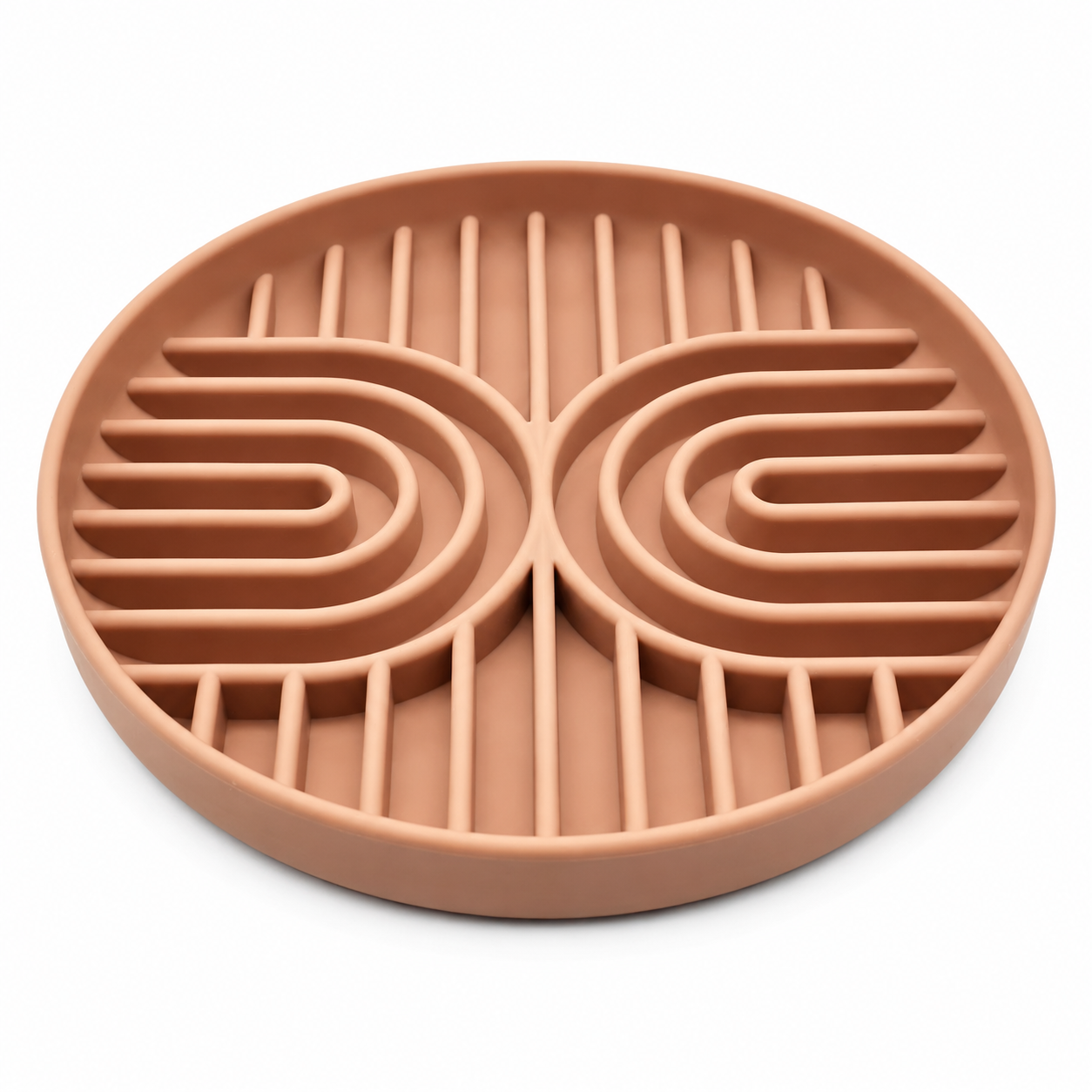 Brown silicone slow feeder dog bowl with raised maze design and suction base