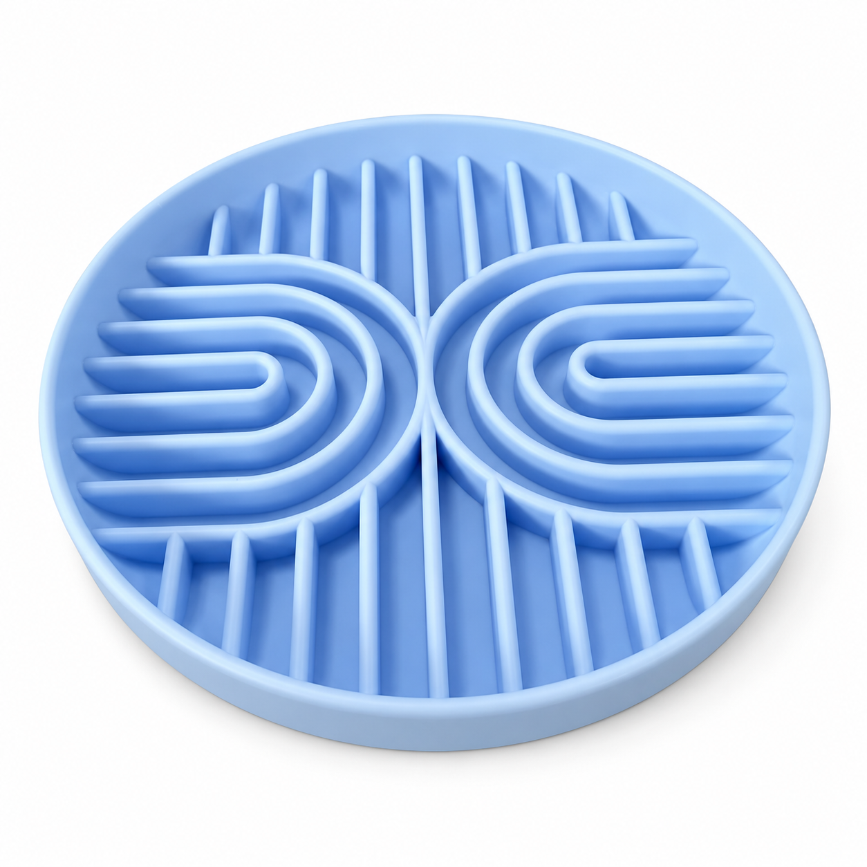 Blue silicone slow feeder dog bowl with raised maze design and suction base