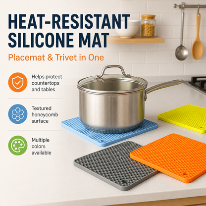 Honeycomb silicone placemat and heat-resistant trivet mat used under a hot pot, with textured non-slip surface and multiple color options for kitchen countertops.