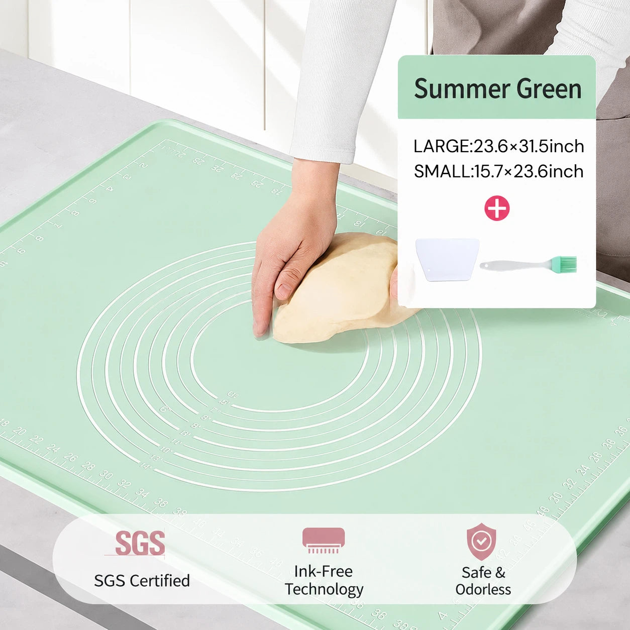 Summer Green silicone pastry mat with dough scraper and pastry brush