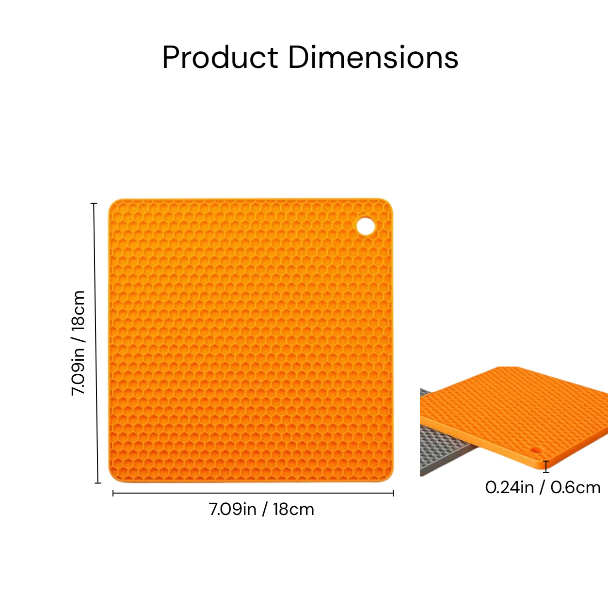 Honeycomb silicone placemat product dimensions showing 7.09 x 7.09 in size and 0.24 in thickness for kitchen use.