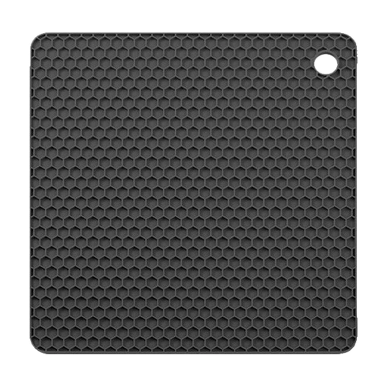 Black honeycomb silicone placemat with built-in hanging hole, designed as a heat-resistant trivet mat and table protector for kitchen use.