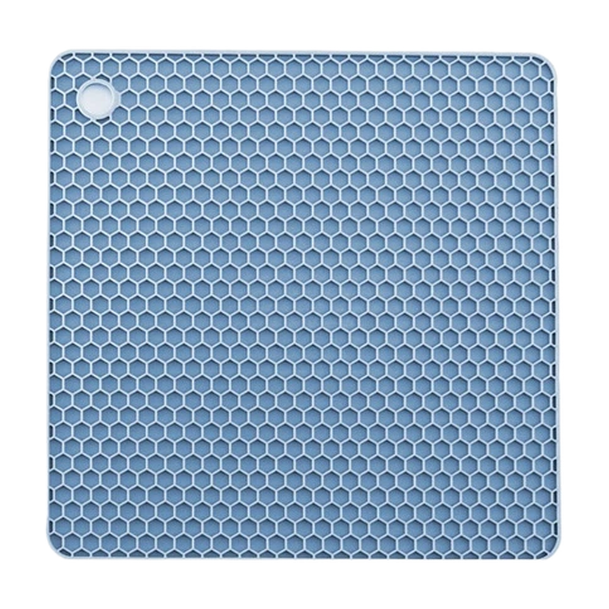 Light blue honeycomb silicone placemat with built-in hanging hole, designed as a heat-resistant trivet mat and table protector for kitchen use.