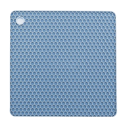 Light blue honeycomb silicone placemat with built-in hanging hole, designed as a heat-resistant trivet mat and table protector for kitchen use.