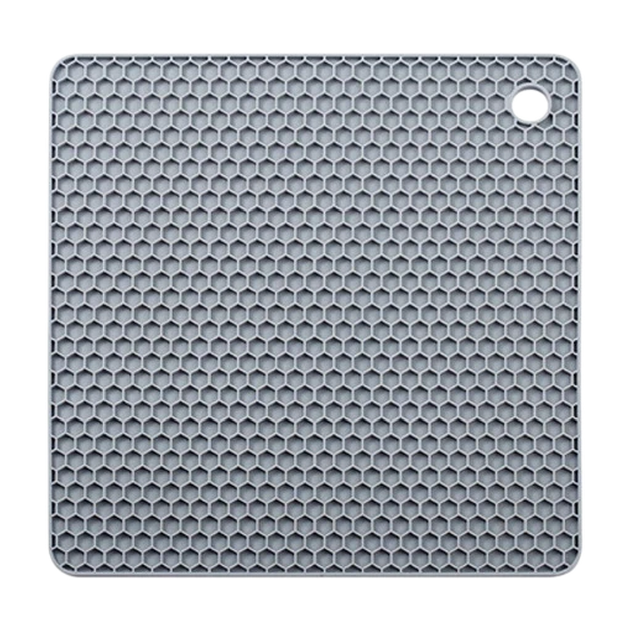 Gray honeycomb silicone placemat with built-in hanging hole, designed as a heat-resistant trivet mat and table protector for kitchen use.