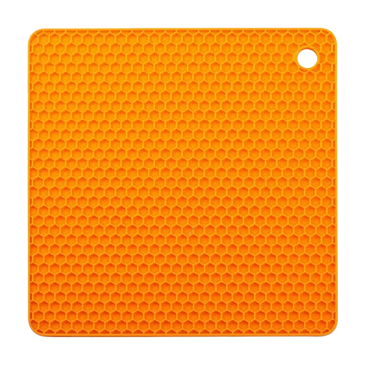 Orange honeycomb silicone placemat with built-in hanging hole, designed as a heat-resistant trivet mat and table protector for kitchen use.